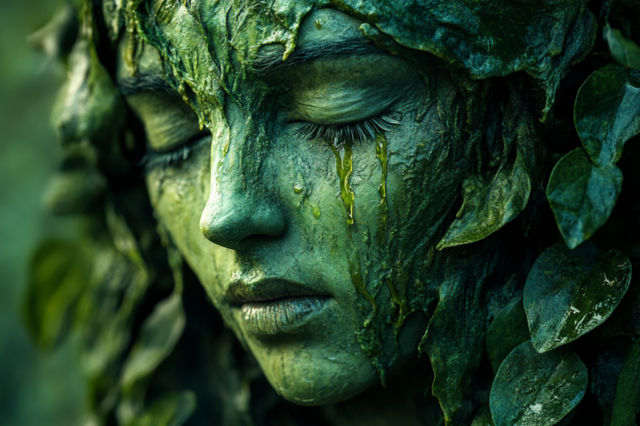 Photo by Cocodillaa.com ai generated, green woman, statue, nature, weeping, crying, tears, mother earth, mother nature, sad, green, leaves, woman, fantasy