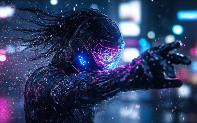 ai generated, cyberpunk, futuristic, neon, sci-fi, glowing, cybernetic, technology, neon lights, holographic, dystopia, motion, high-tech, robotic, urban, night
