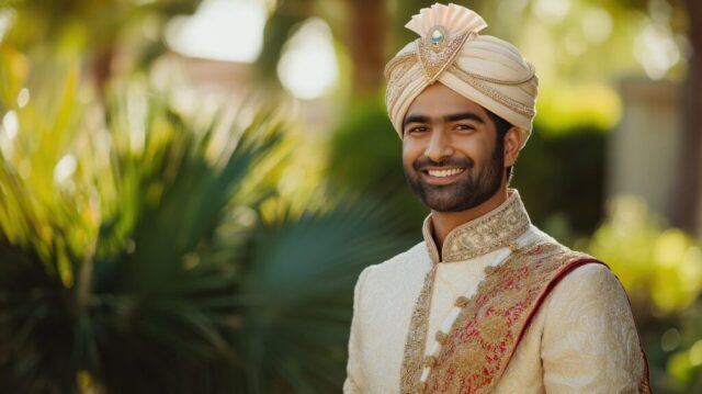ai generated, indian groom, traditional attire, sherwani, turban, wedding garland, indian wedding, cultural heritage, wedding fashion, lush greenery, outdoor wedding, natural lighting, luxurious clothing, wedding photography, groom's portrait, elegant wedding, cultural traditions, festive attire, wedding accessories, ornate sherwani, traditional ceremony, wedding outfit