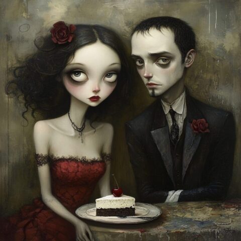 ai generated, couple, surreal, gothic, dessert, art, formal, mysterious, melancholic, romantic, dramatic, fantasy, aesthetic, emotional, whimsical, portrait, elegant, vintage, retro, character, style, nostalgic, valentinesdaycontest