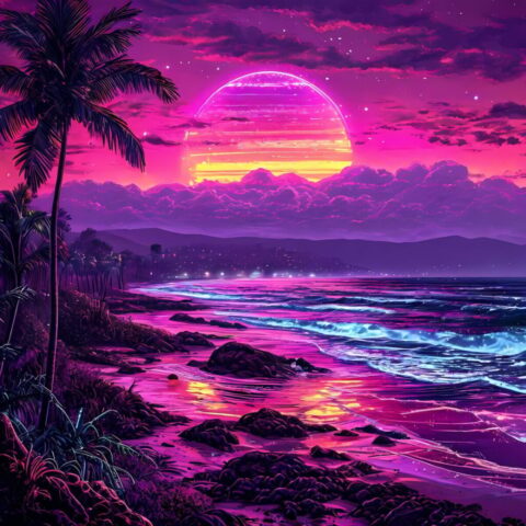 ai generated, beach, retro, 1980s, cyberpunk, neon, electronic, aesthetic, vintage, futuristic, digital art, nature, synthwave art, retro future, cyber art, neon lights, pixel art, synthwave style, cyber art style, neon colors, retro graphics, neon art