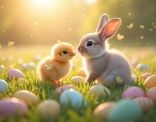 ai generated, spring, nature, warm spring weather, easter, baby rabbit, chick, easter egg, cute animal, magical moment, emotional design, egg, warm atmosphere, emotional photo, lovely moment, easter decoration, hand painted egg, natural light, peaceful scenery, pastel egg