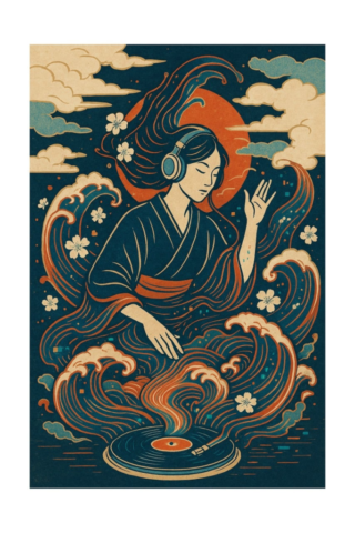japan, dj, music, kimono, woman, ukiyo-e, japanese art, traditional, modern, fusion, vinyl, headphones, wave, art, creative, surreal, aesthetic, culture, vintage, design, artwork, ai generated