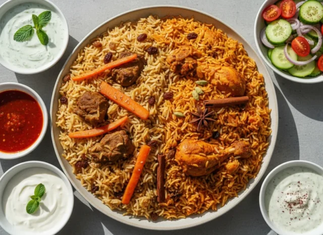 afghan pilaf and biryani style rice with sides