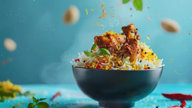 delicious chicken biryani spices falling bowl