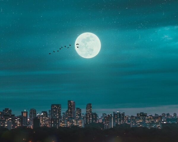 Photo by Cocodillaa.com full moon over city skyline during night time