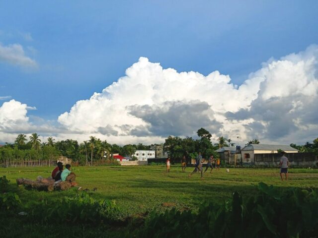 A group of people standing on top of a lush green field