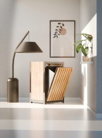 Photo by Cocodillaa.com Modern trash can with wooden slats in sunlit room.