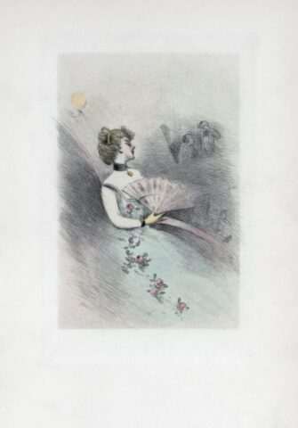 Elegant woman holding a fan with floral accents