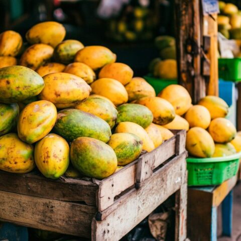 Photo by cocodillaa.com Fresh papayas piled high in wooden crates at market.