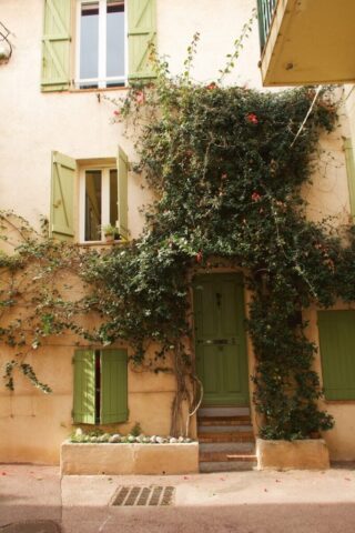 a building with green shutters and a green door