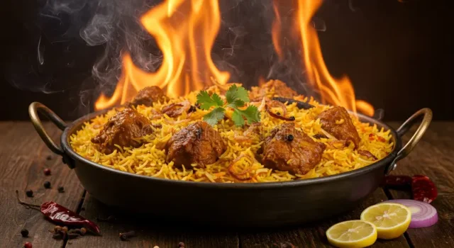 vibrant appetizing image showcasing traditional indian chicken biryani dish presented rustic dark metal serving