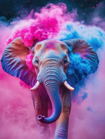 colorful elephant vibrant background purple pink smoke