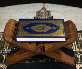 blue and white book on brown wooden table